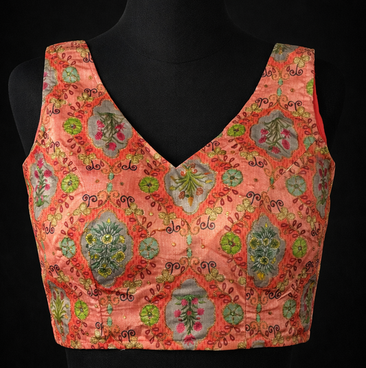 Peach Floral Embroidered V-Neck Blouse