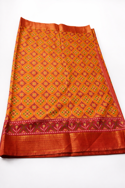Mustard Orange Pochampally Semi Silk Saree with Rich Zari Border & Contrast Red Pallu
