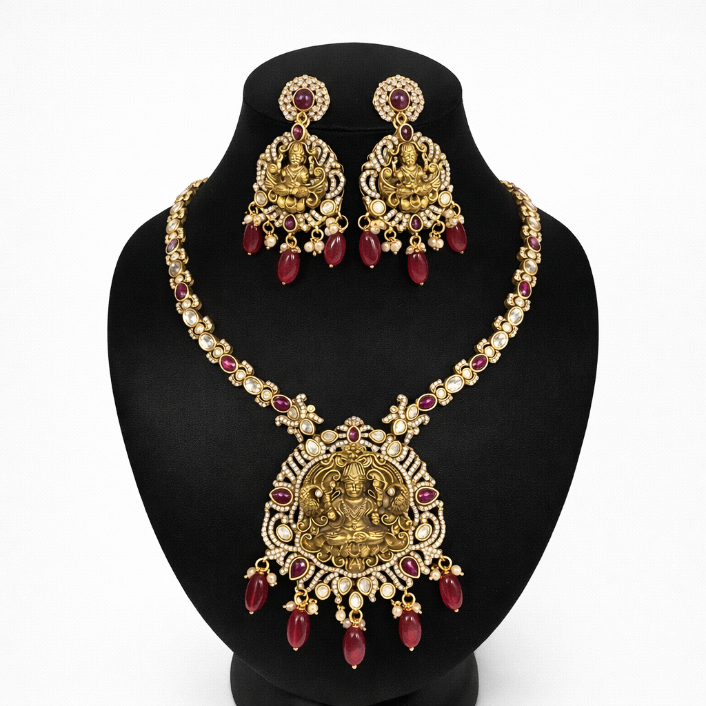 Sri Lakshmi Temple Ruby Bridal Necklace Set