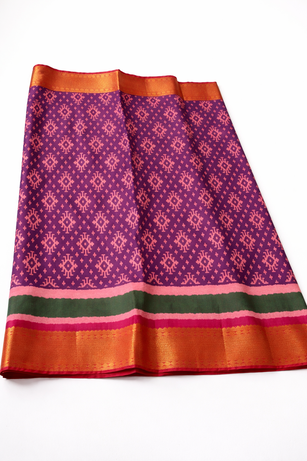 Purple Pochampally Semi Silk Saree with Contrast Pink Blouse & Green Designer Pallu