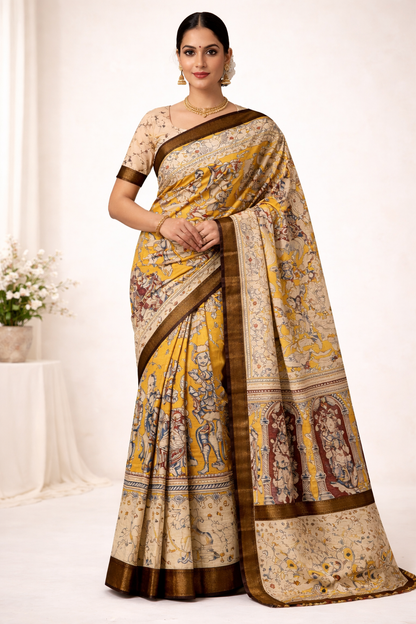 Traditional Kalamkari Story Print Saree in Mustard with Rich Brown Border (Ready with Fall & Pico)