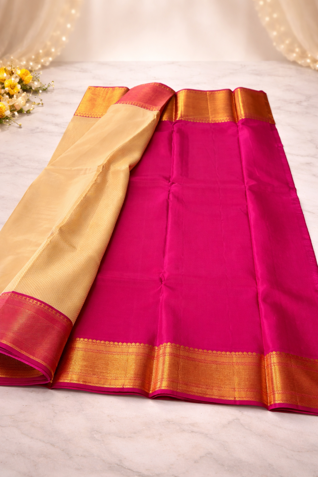Cream Gold Soft Silk Saree with Rich Zari Border