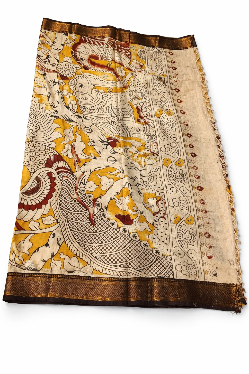 Traditional Kalamkari Story Print Saree in Mustard with Rich Brown Border (Ready with Fall & Pico)
