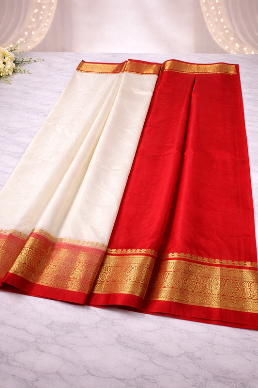 Elegant Ivory Silk Saree with Rich Sindoor Red & Gold Zari Border