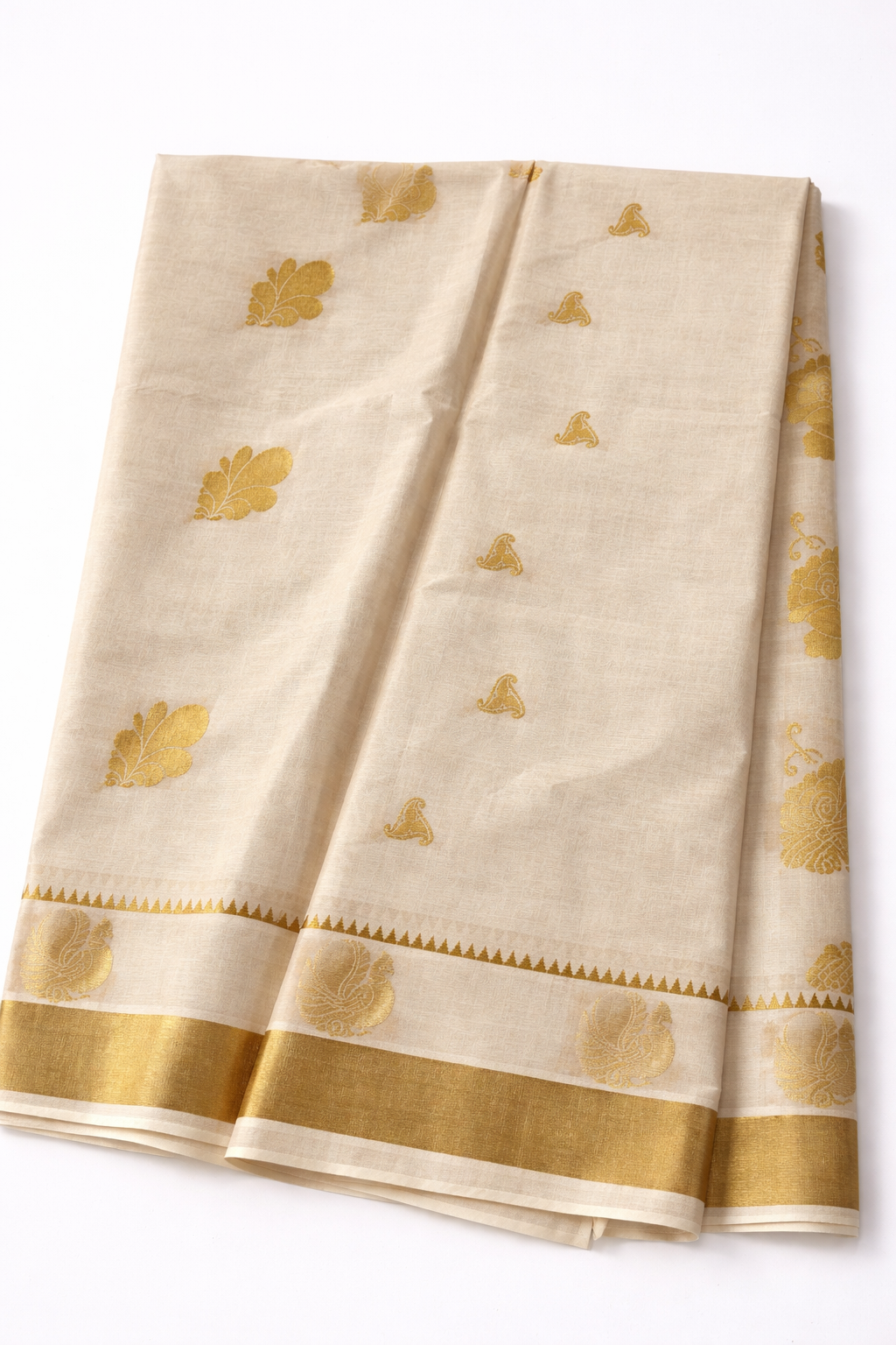 Elegant Off-White Tissue Silk Saree with Gold Zari Motifs & Traditional Border