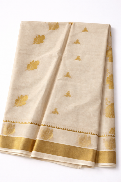 Elegant Off-White Tissue Silk Saree with Gold Zari Motifs & Traditional Border