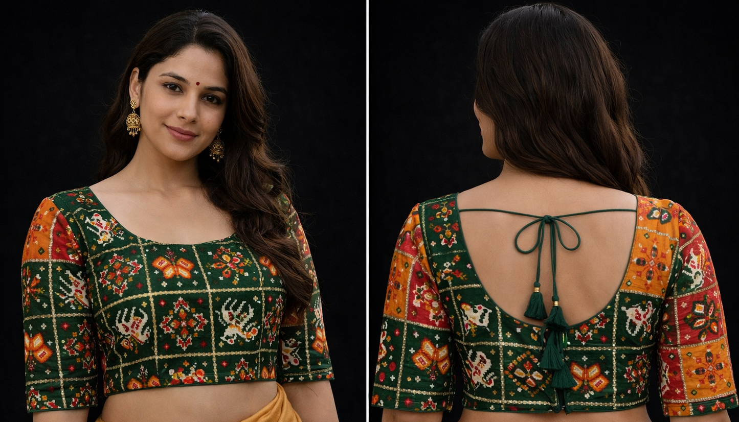 Heritage Motif Printed Green Blouse