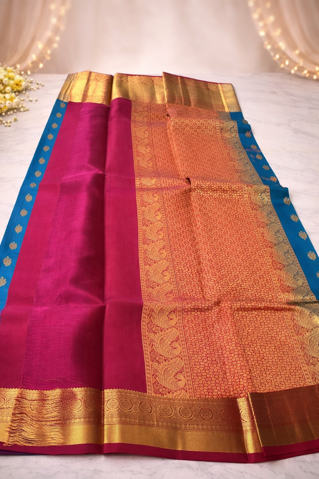Royal Rani Pink & Teal Blue Soft Silk Saree with Rich Gold Zari Work