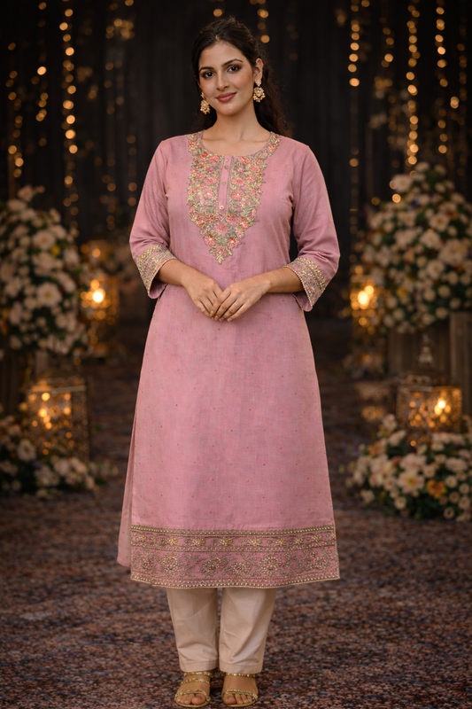 Dusty Rose Embroidered Straight Kurti