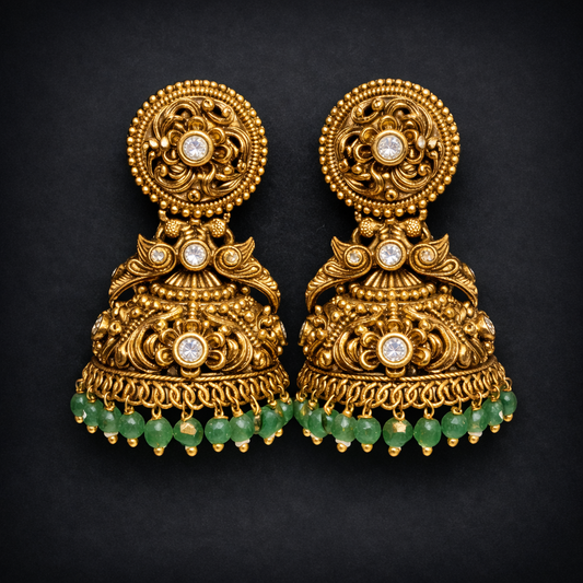 Antique Gold Floral Jhumka with Green Bead Drops
