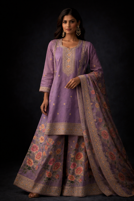 Lavender Bloom Silk Kurti Palazzo Set with Floral Dupatta