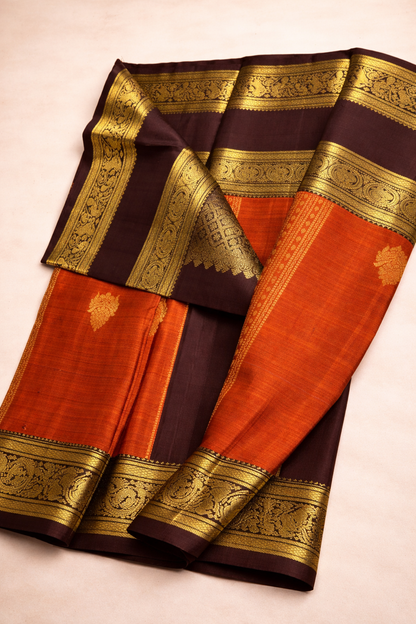 Burnt Orange & Deep Brown Silk Saree with Rich Gold Zari Border