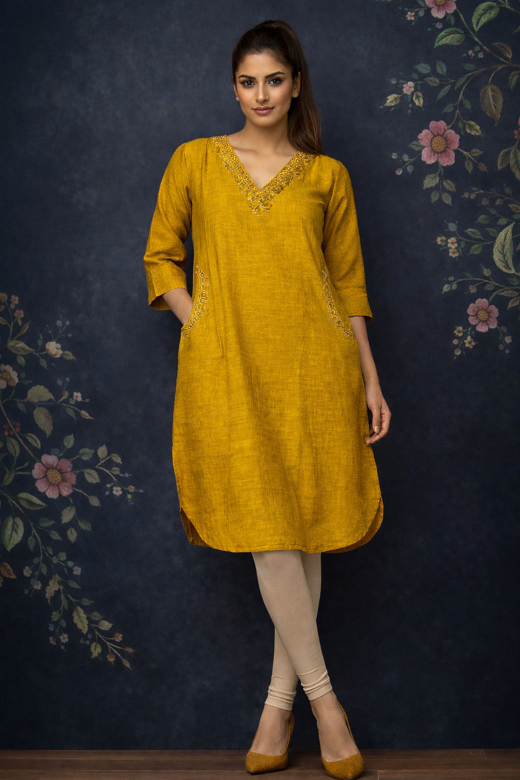 Mustard Yellow Embroidered Straight Kurti