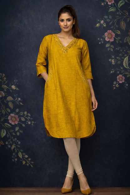 Mustard Yellow Embroidered Straight Kurti