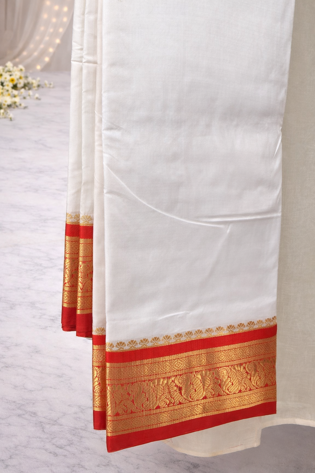 Elegant Ivory Silk Saree with Rich Sindoor Red & Gold Zari Border
