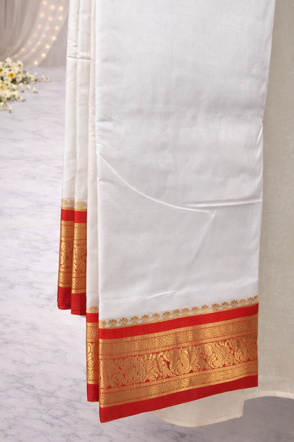 Elegant Ivory Silk Saree with Rich Sindoor Red & Gold Zari Border
