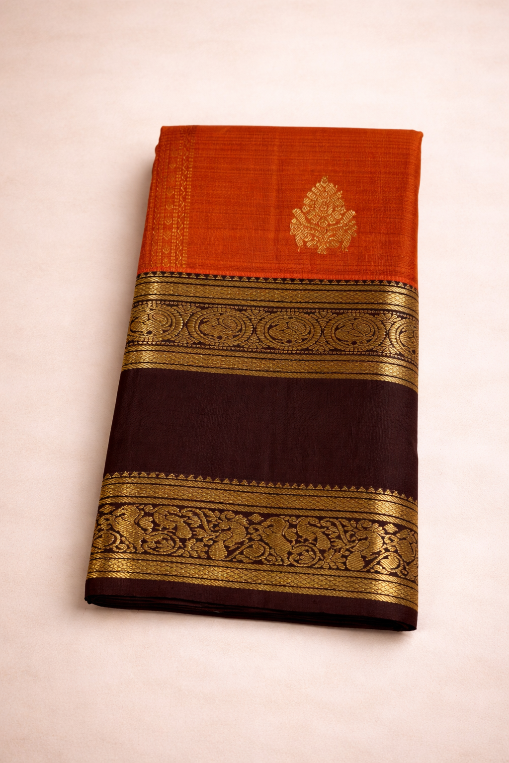 Burnt Orange & Deep Brown Silk Saree with Rich Gold Zari Border