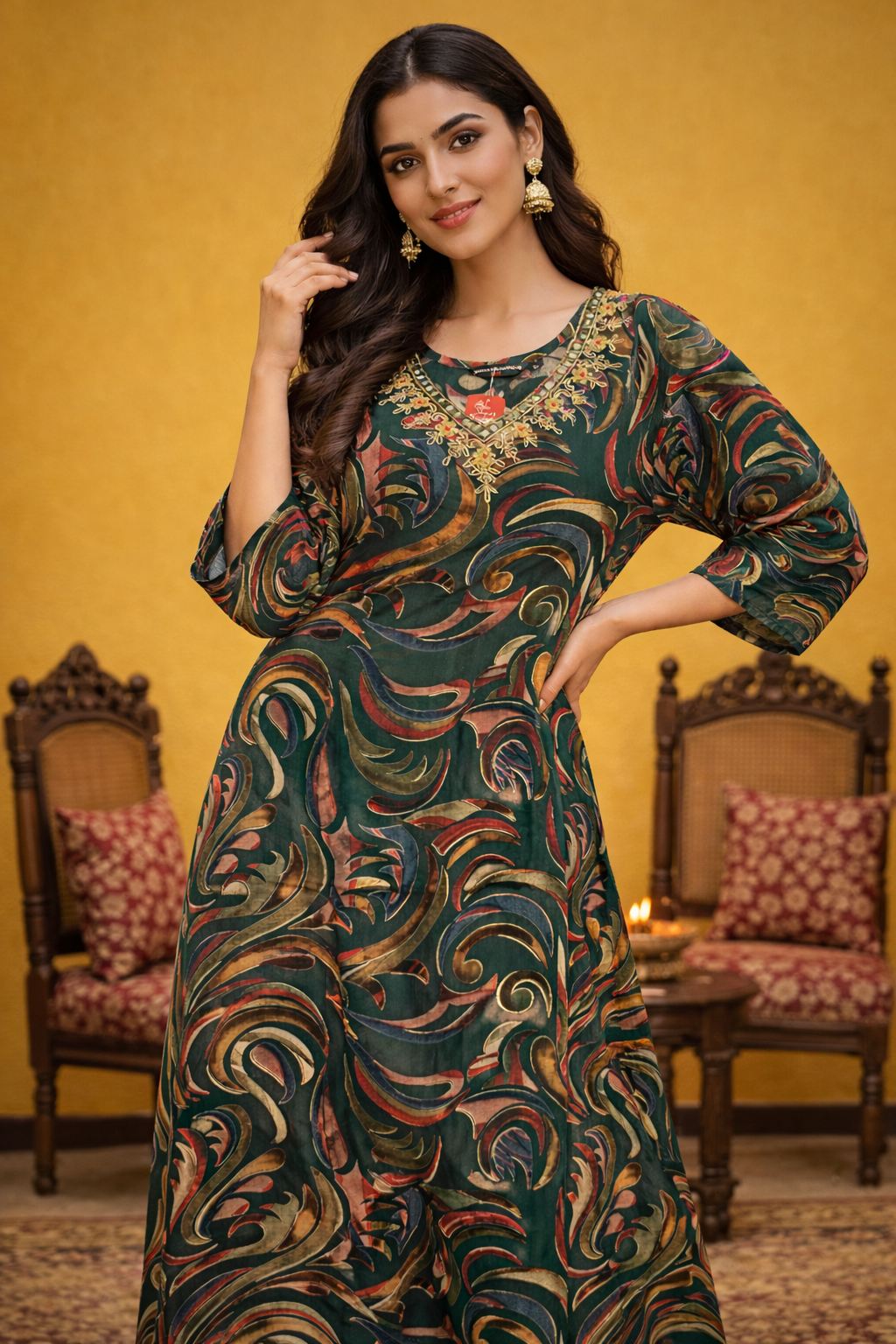 Forest Dark Green Multicolor Kurti with Embroidered Yoke