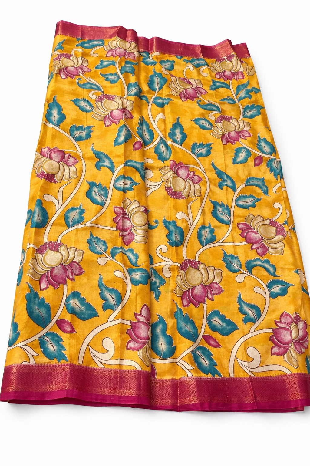 Mustard Yellow Kalamkari Print Saree with Contrast Pink Border & Traditional Pallu – (Ready with Fall & Pico)