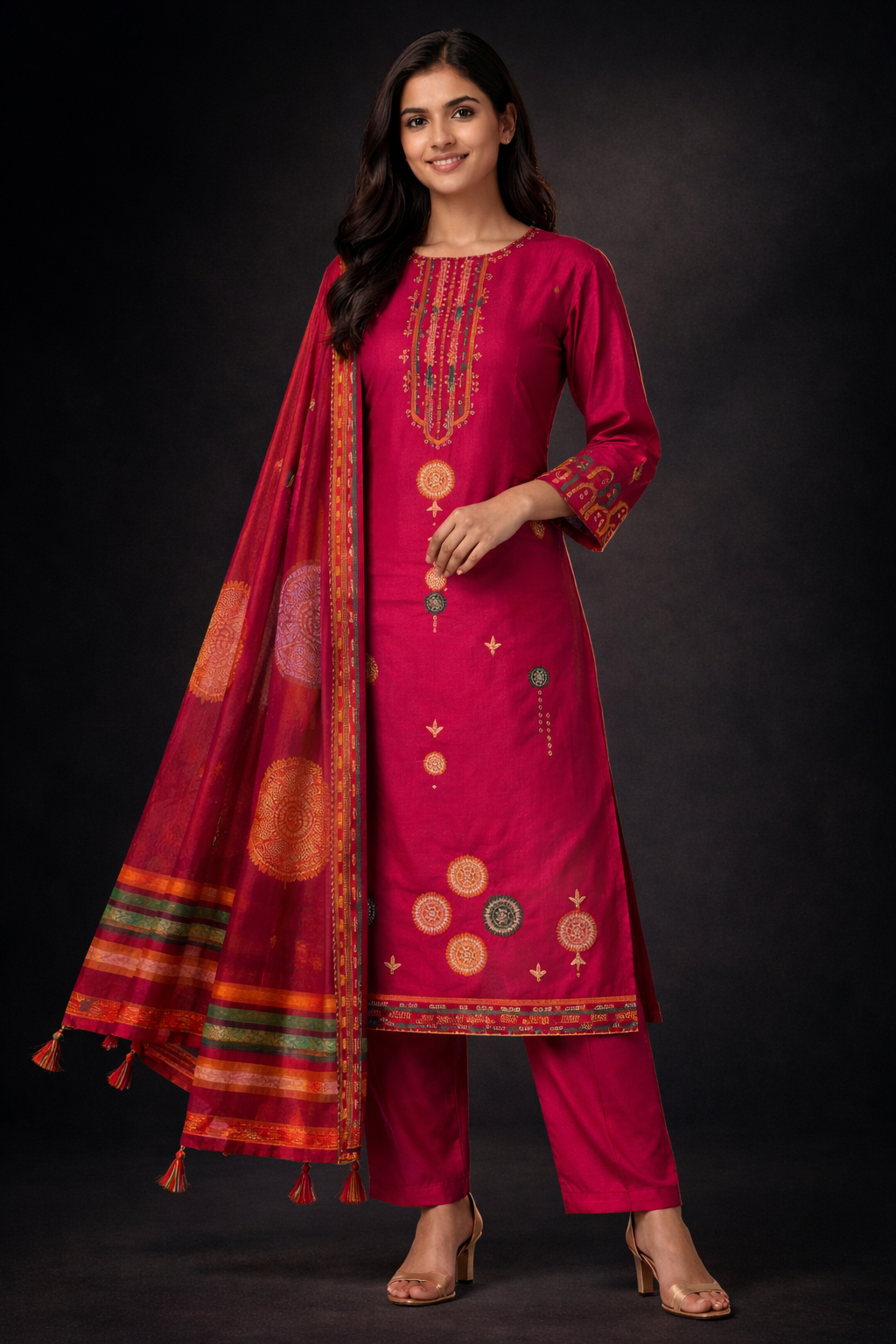 Rani Pink Festive Silk Kurti Set with Designer Dupatta