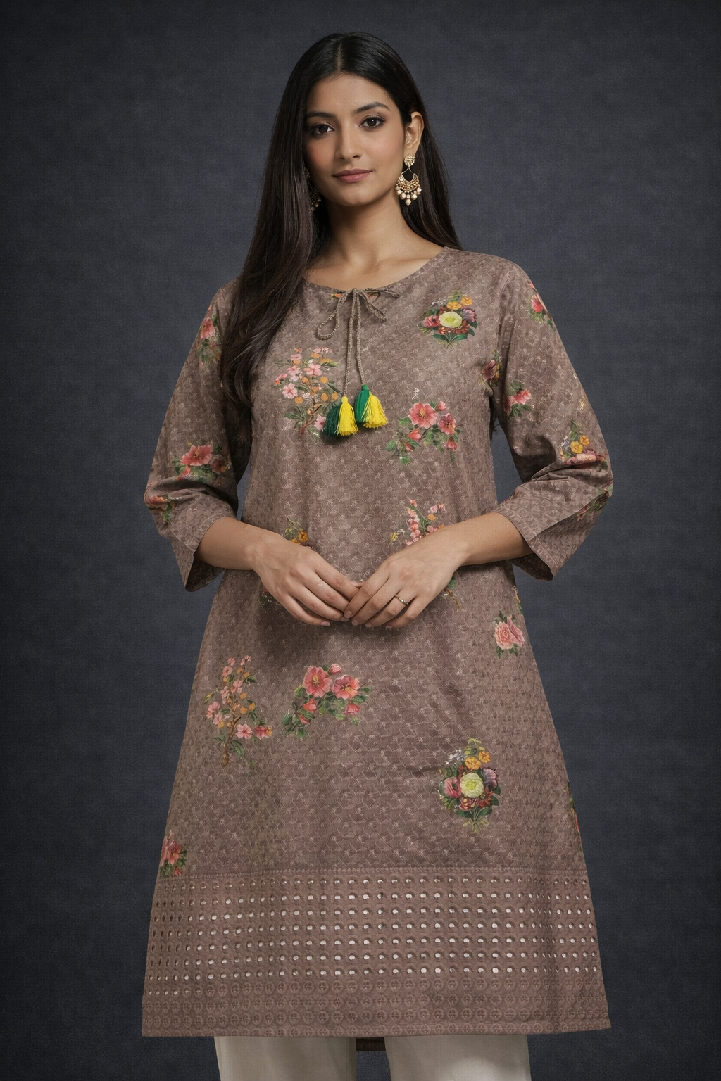Brown Floral Printed Straight Kurti