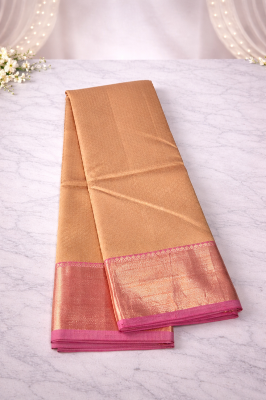 Elegant Honey Gold Silk Saree with Rose Pink Zari Border