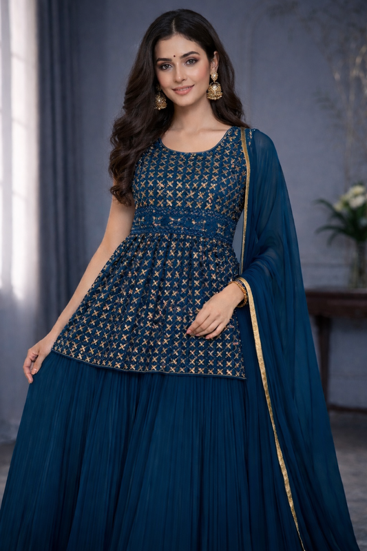 Elegant Teal Blue Embroidered Anarkali Chudithar Set with Dupatta