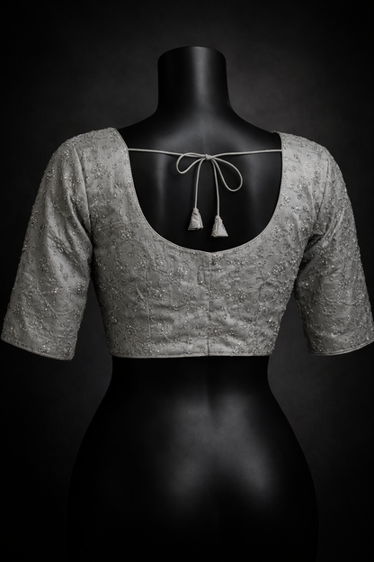 Elegant Silver Grey Embroidered Designer Blouse with Tassels