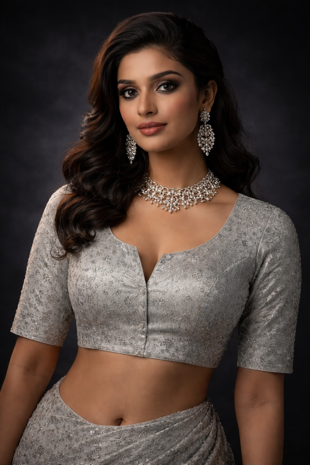 Elegant Silver Grey Embroidered Designer Blouse with Tassels