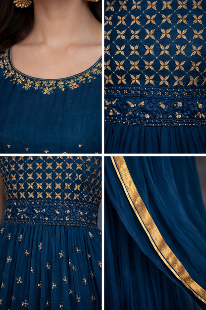 Elegant Teal Blue Embroidered Anarkali Chudithar Set with Dupatta