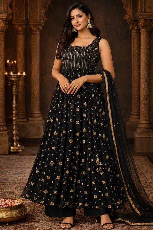 Elegant Black & Gold Embroidered Anarkali Set
