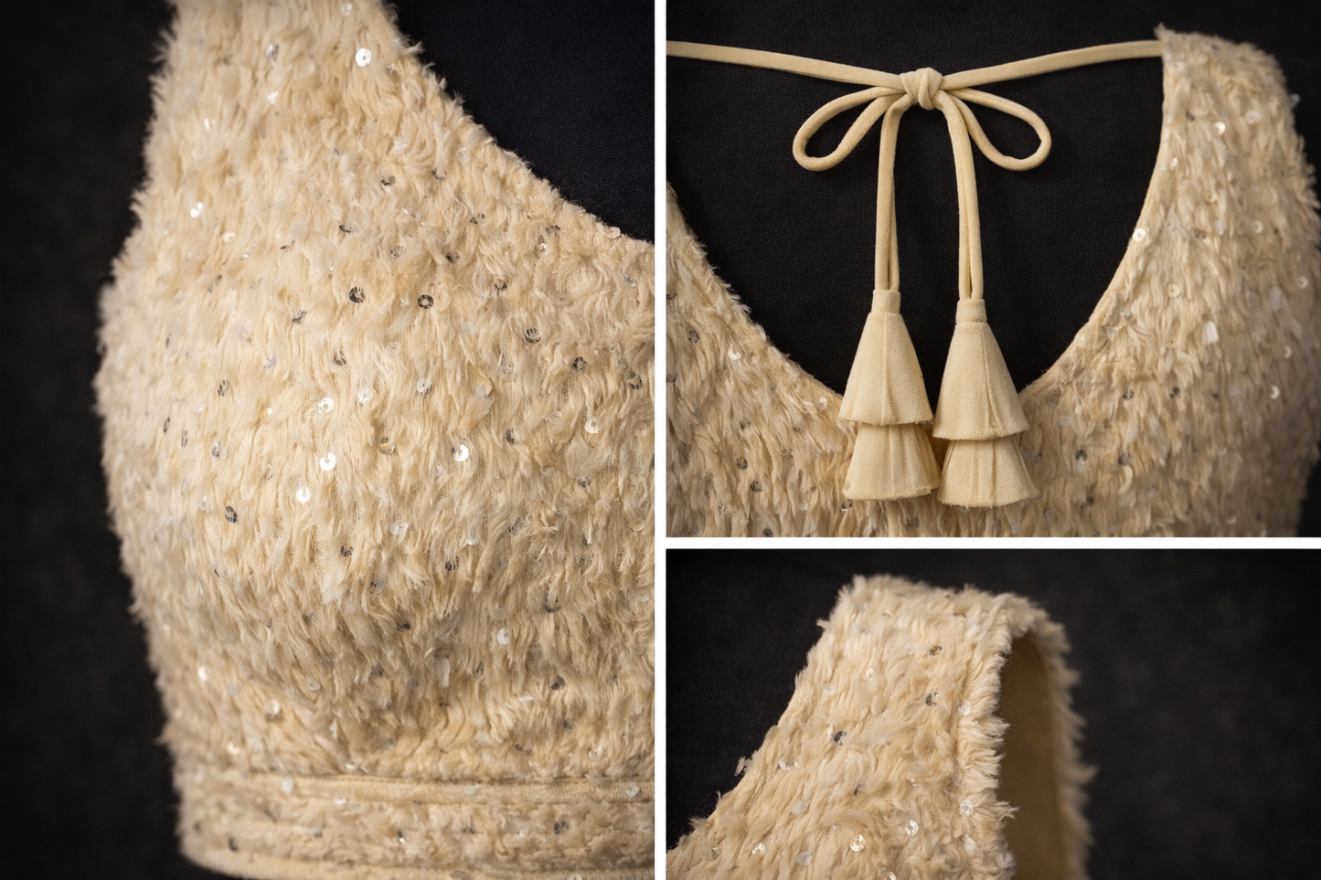 Beige Sequin Faux Fur Designer Blouse