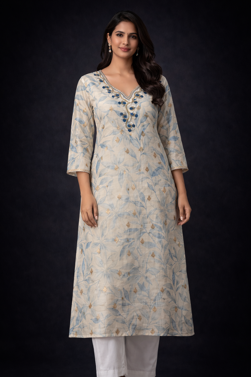 Ivory Blue Floral Embroidered Kurti