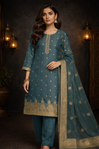 Steel Teal Zari Embroidered Silk Kurti Set with Dupatta