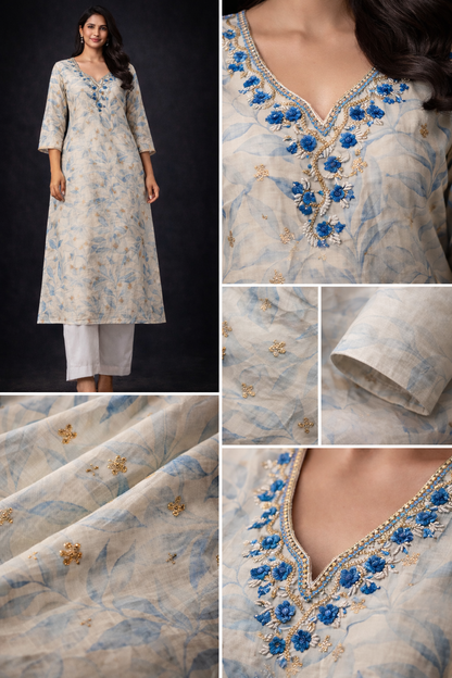 Ivory Blue Floral Embroidered Kurti