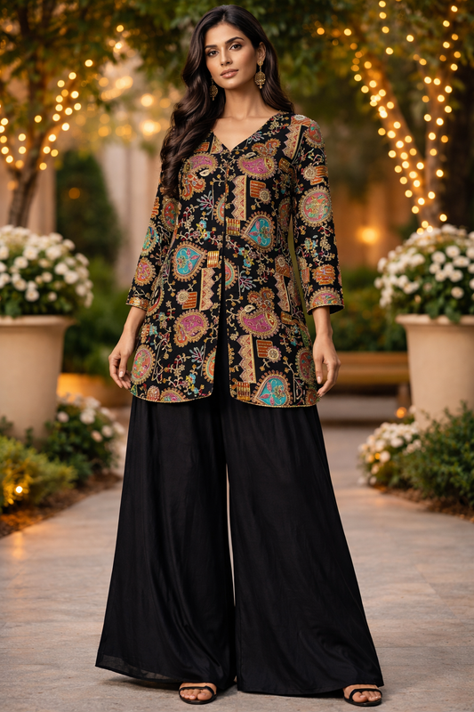 Midnight Heritage Printed Kurti with Black Palazzo Set