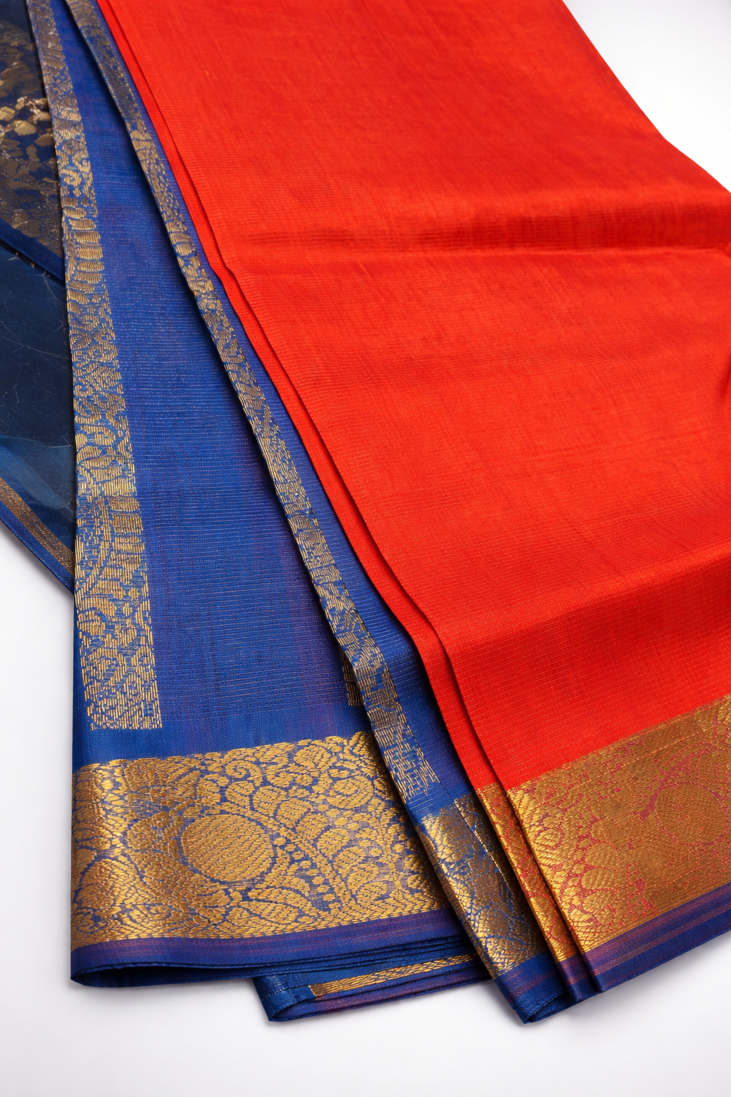Vibrant Orange & Royal Blue Kanchipuram Silk Saree with Rich Gold Zari Border