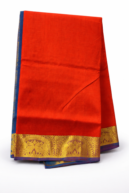 Vibrant Orange & Royal Blue Kanchipuram Silk Saree with Rich Gold Zari Border