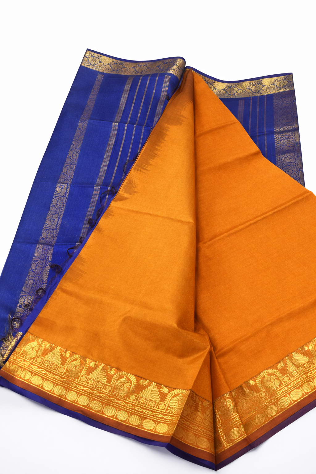 Royal Blue & Mustard Orange Kanchipuram Silk Cotton Saree with Rich Gold Zari Border