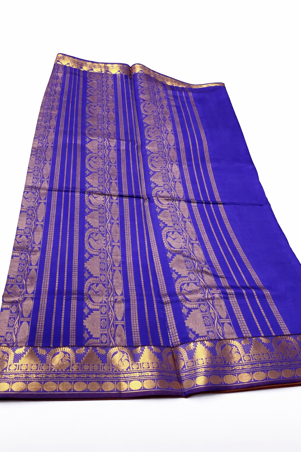 Royal Blue & Mustard Orange Kanchipuram Silk Cotton Saree with Rich Gold Zari Border