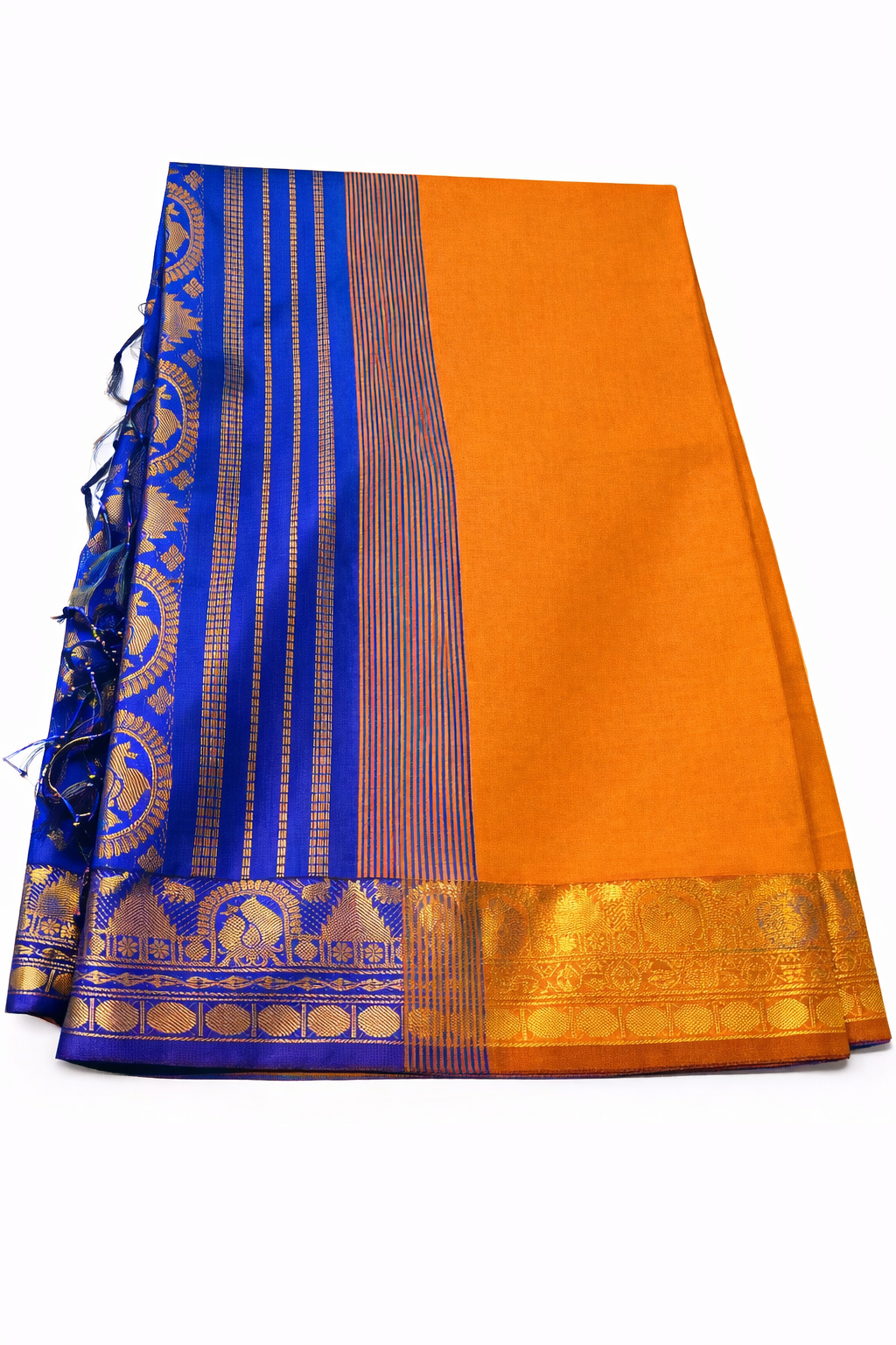 Royal Blue & Mustard Orange Kanchipuram Silk Cotton Saree with Rich Gold Zari Border