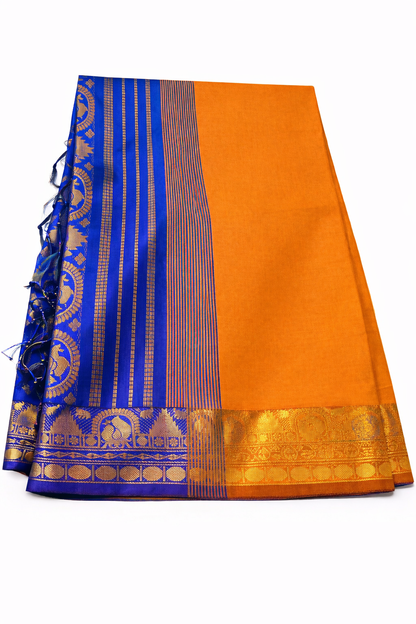 Royal Blue & Mustard Orange Kanchipuram Silk Cotton Saree with Rich Gold Zari Border