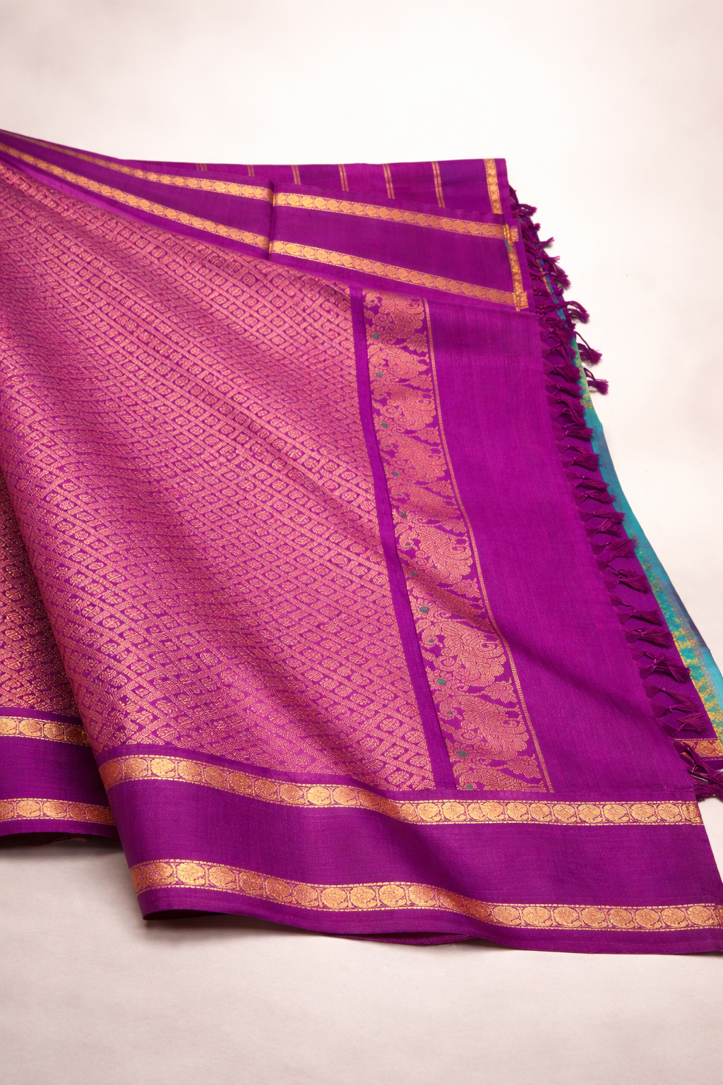 Teal Blue & Magenta Kanchipuram Silk Cotton Saree with Rich Gold Zari Border