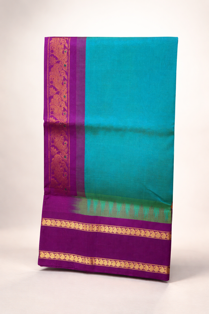 Teal Blue & Magenta Kanchipuram Silk Cotton Saree with Rich Gold Zari Border