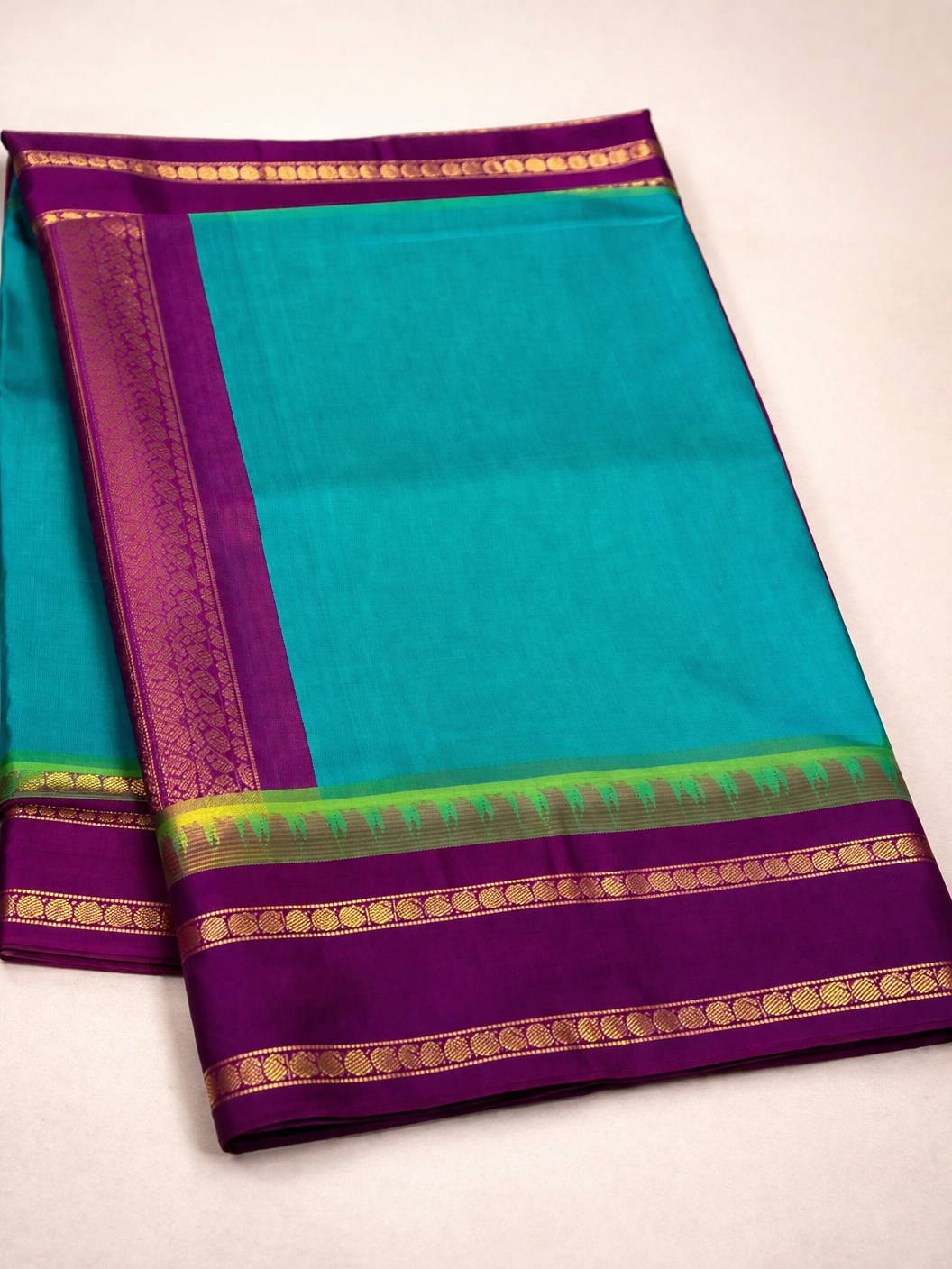 Teal Blue & Magenta Kanchipuram Silk Cotton Saree with Rich Gold Zari Border