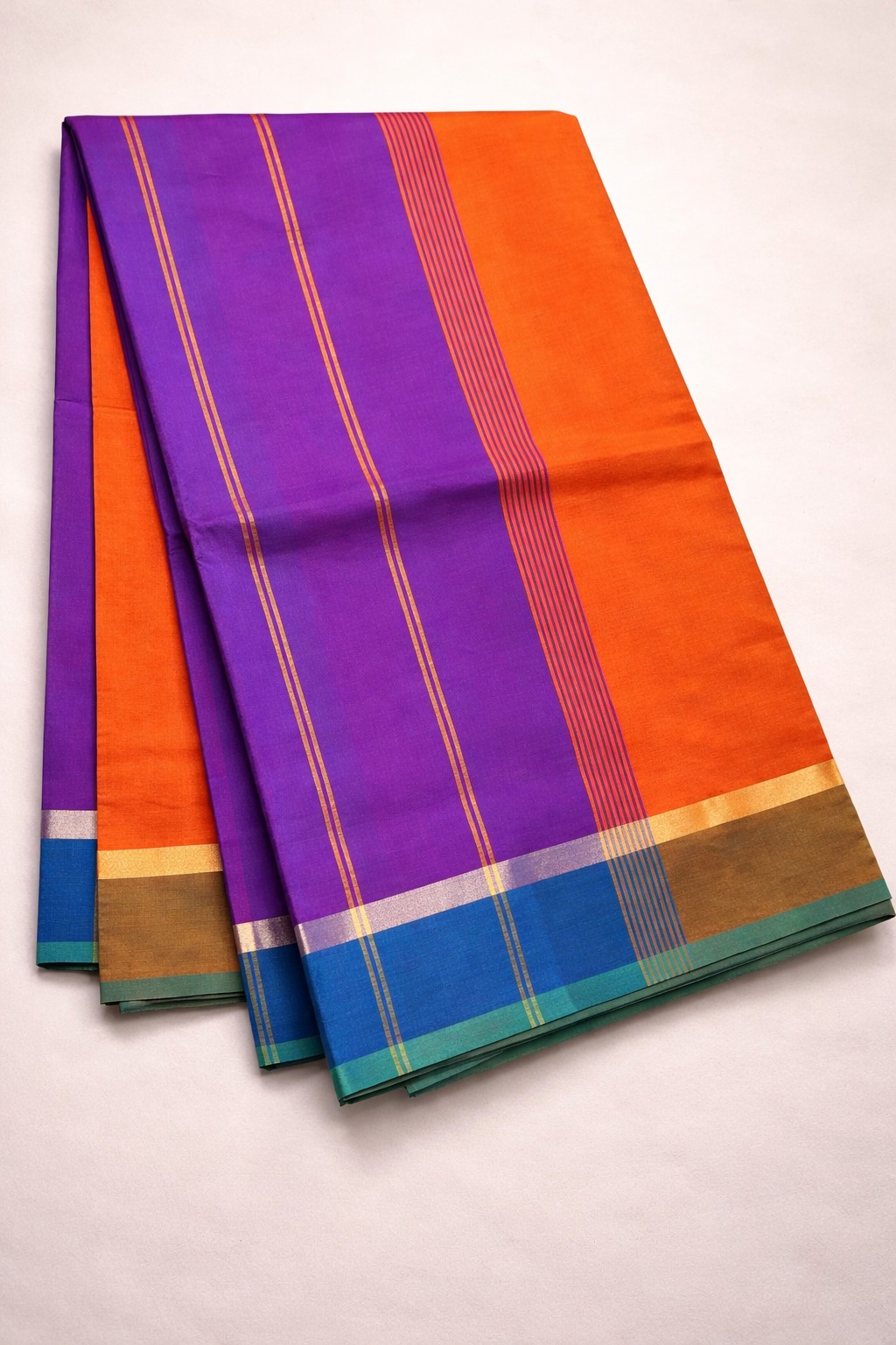 Premium Kanchipuram Silk Cotton Saree in Purple & Orange with Contrast Multicolor Zari Border