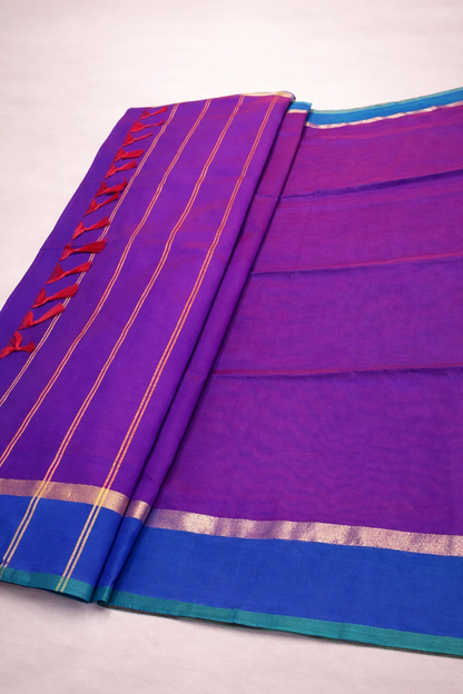 Premium Kanchipuram Silk Cotton Saree in Purple & Orange with Contrast Multicolor Zari Border