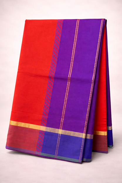Premium Kanchipuram Silk Cotton Saree in Purple & Orange with Contrast Multicolor Zari Border