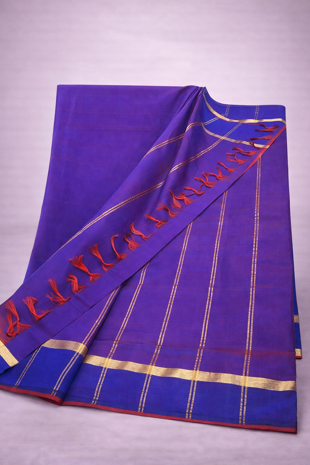 Premium Kanchipuram Silk Cotton Saree in Purple & Orange with Contrast Multicolor Zari Border
