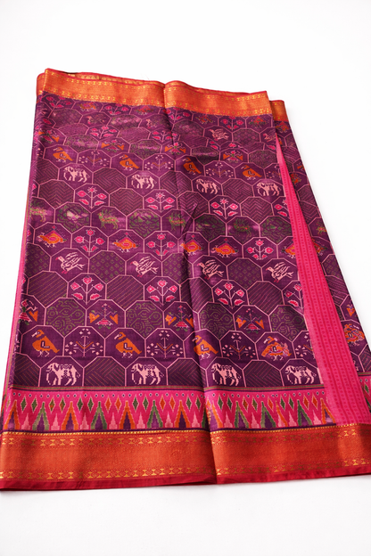 Wine Purple Pochampally Semi Silk Saree with Rich Zari Border & Contrast Pink Pallu